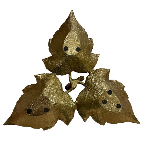 Cast Metal Veined Grape Leaf Trio Candy/Trinket Dish w/ Handle, Brass-color, EUC - Picture 6 of 9